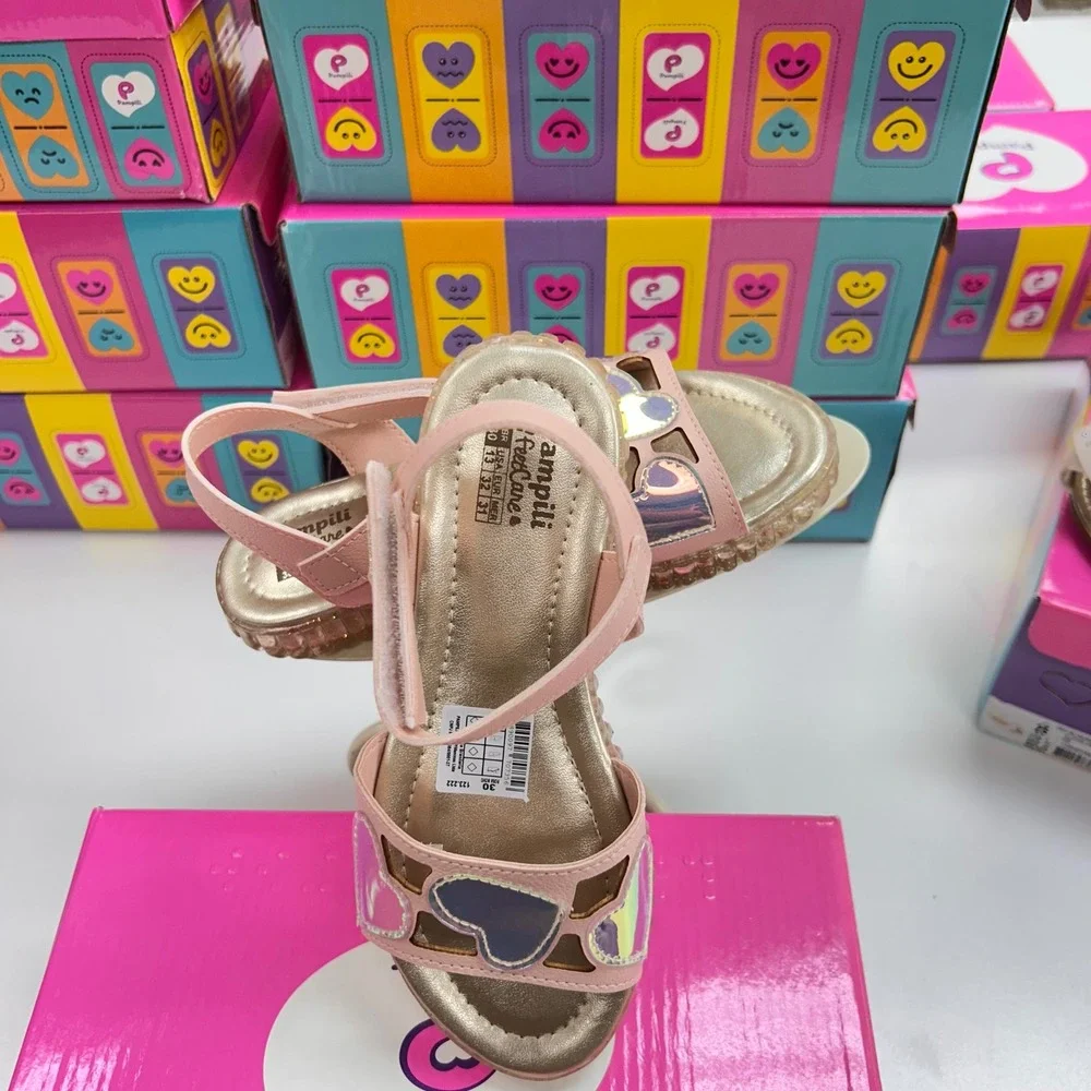 Pampili FeetCare Pink Iridescent Heart Sandals Glitter Sole Kids Size 13 US